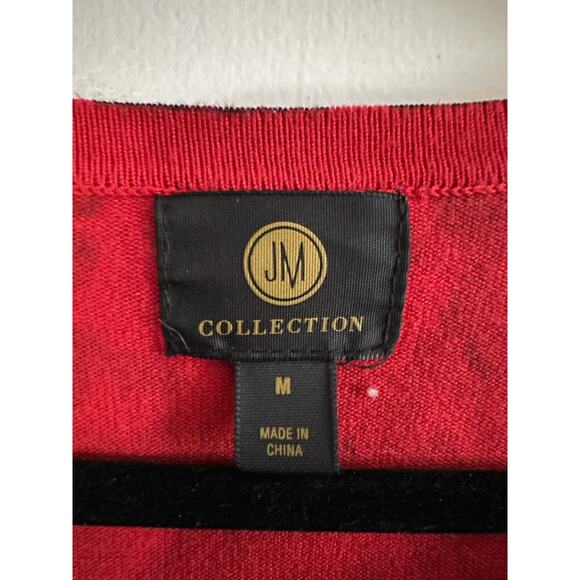 JM COLLECTION Red Leopard Gold-Tone Button Sleeve Detail Knit Sweater Top - Sz M - Picture 5 of 6